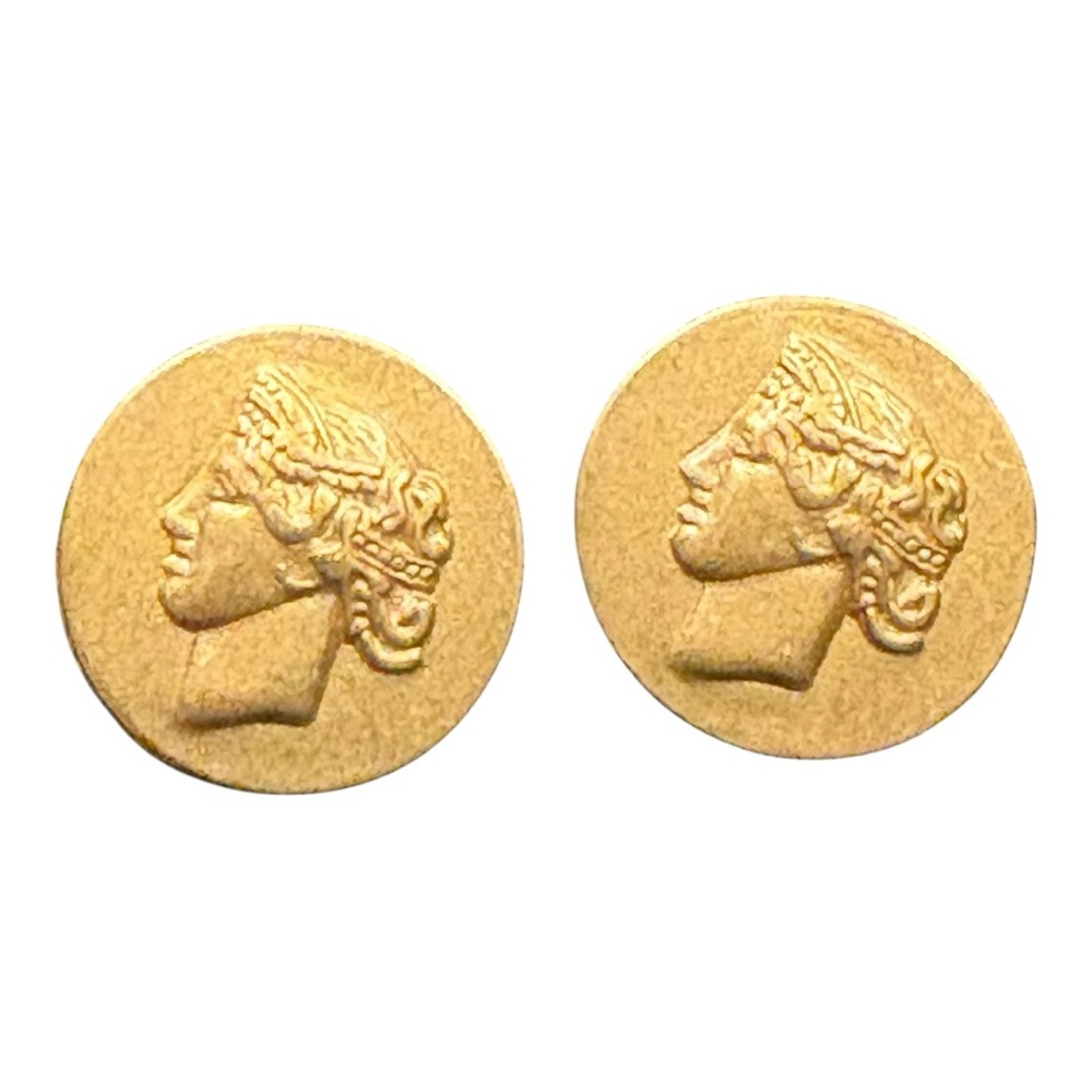 Monet Coin Stud Earrings Roman Goddess Gold Tone Vintage (2) J23